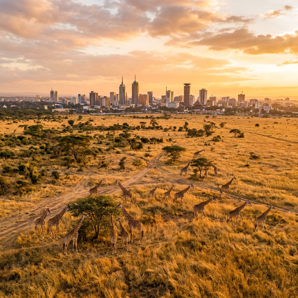 Giraffes grazing in Nairobi National Park with city skyline in the background