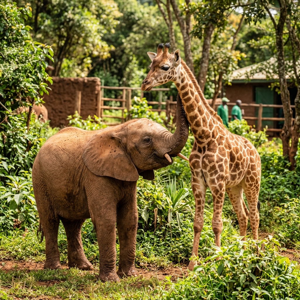 Baby elephant and giraffe at the Sheldrick Wildlife Trust and Giraffe Centre in Nairobi