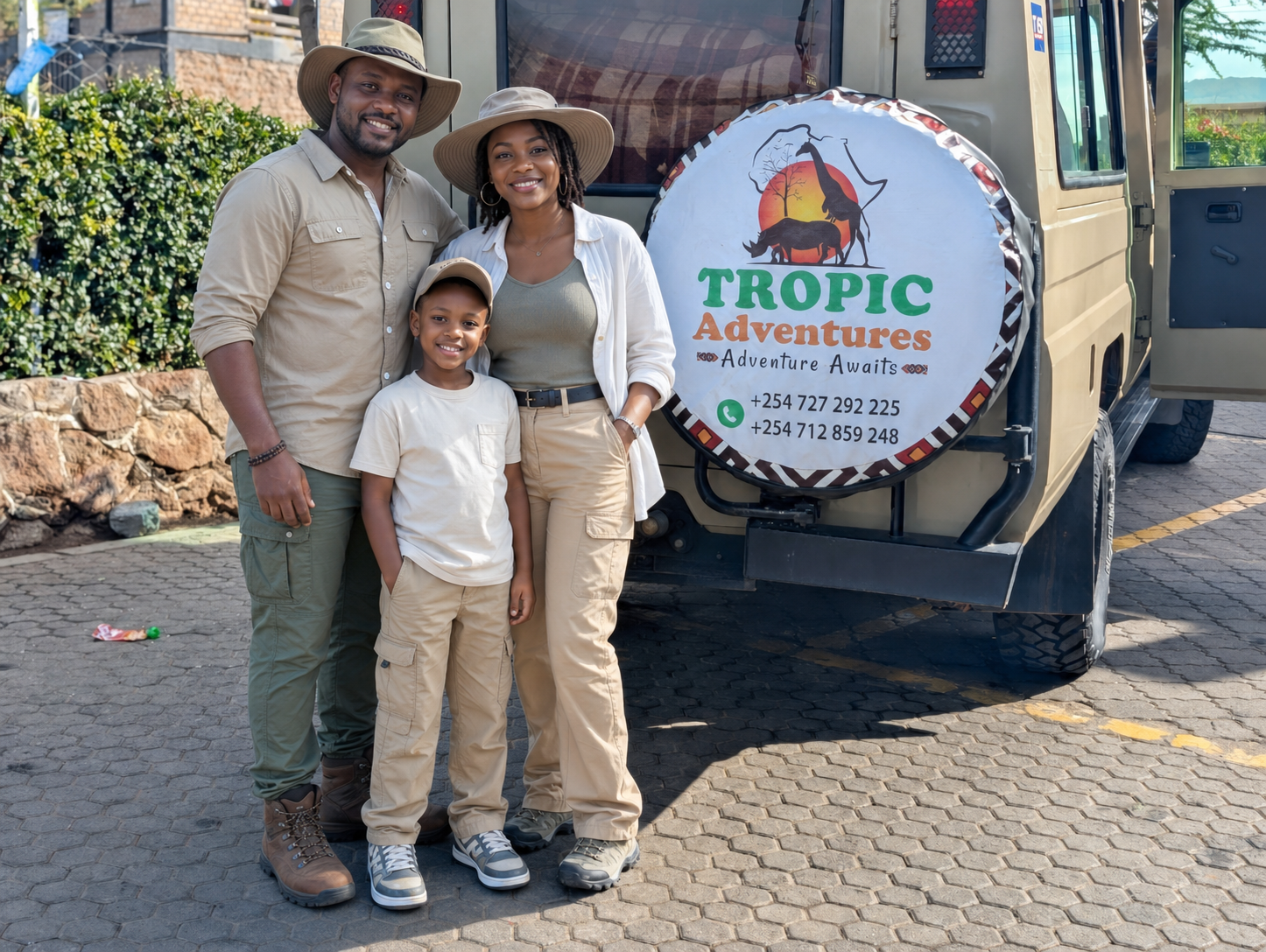 A fictional family posing by a Tropic Adventures vehicle
