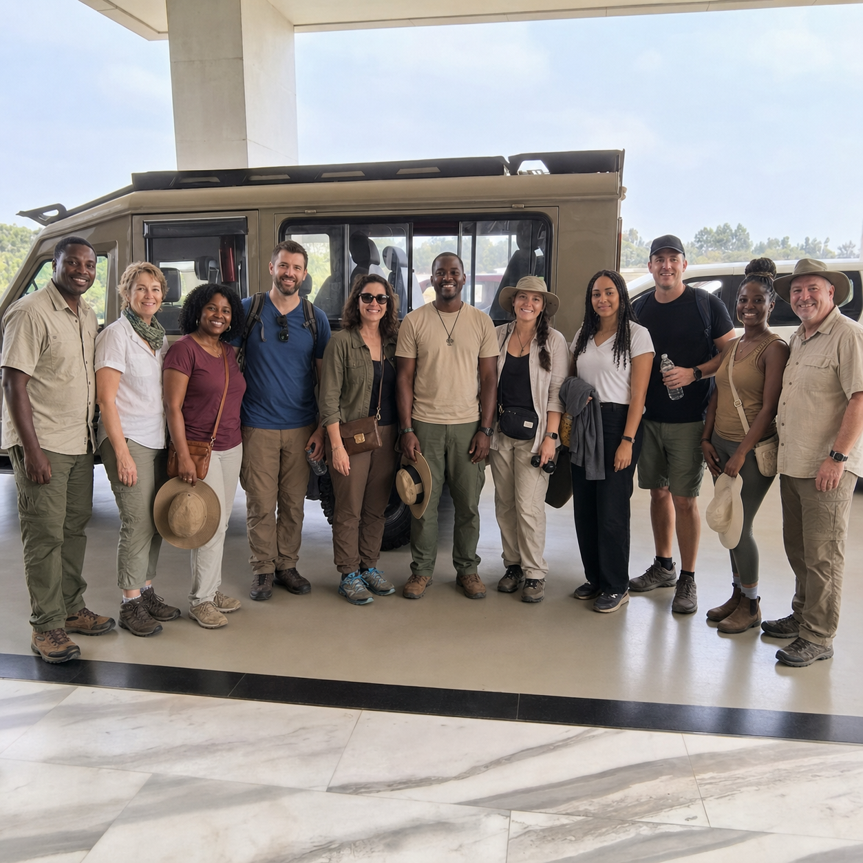 A fictional group of safari travelers and guides together before a safari drive