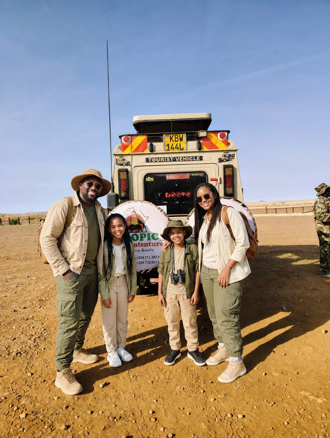 A fictional family of travelers posing beside a Tropic Adventures safari vehicle